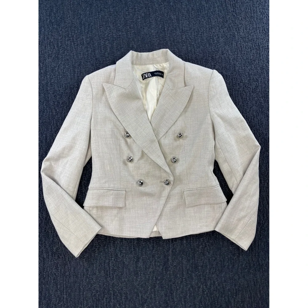 Zara Womens Double Breasted Textured Blazer Oatmeal Beige Silver Buttons Size S